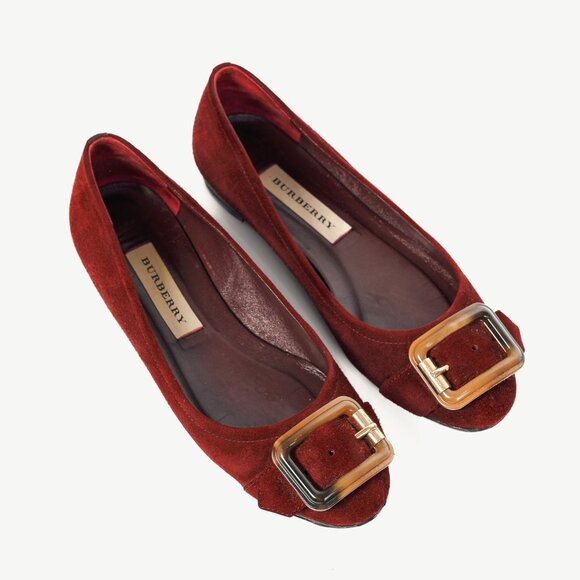 Burberry Leygreen Mahogany Red Suede Trench Buckle Ballerina Flats - Picture 1 of 13